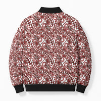 Hibiscus Bloom Island Tribal Waves Bomber Puffer Jacket Red Polynesian Pattern