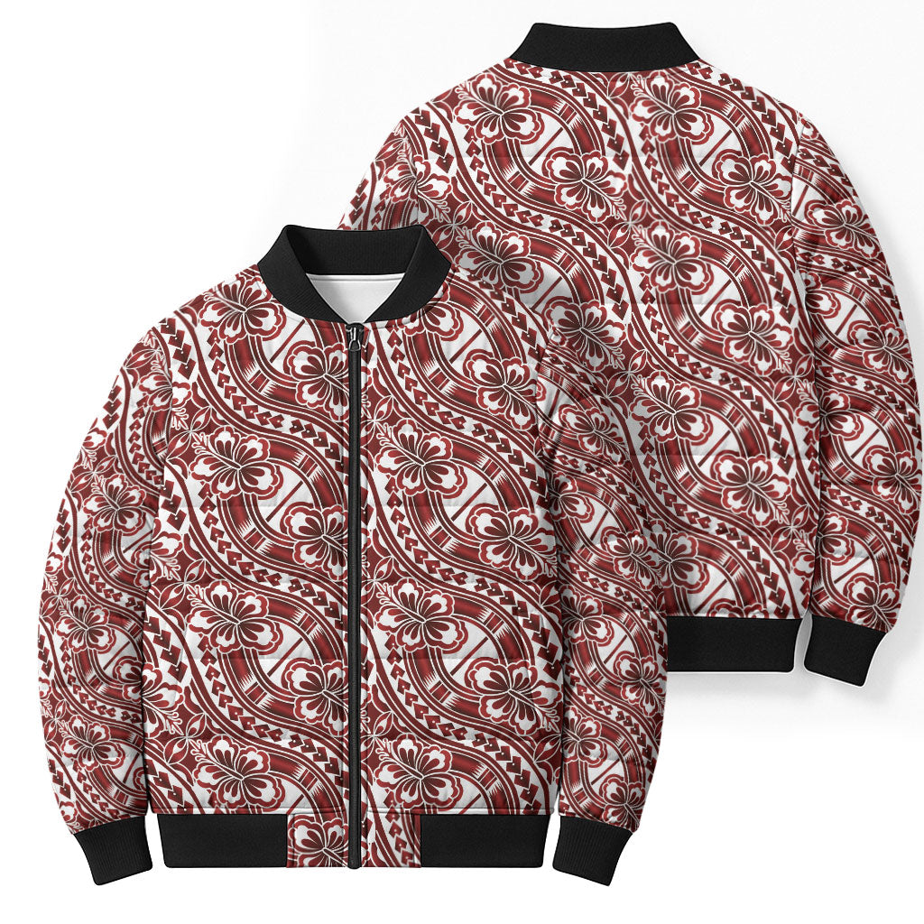 Hibiscus Bloom Island Tribal Waves Bomber Puffer Jacket Red Polynesian Pattern