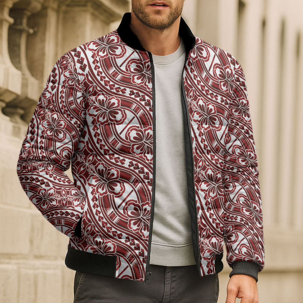 Hibiscus Bloom Island Tribal Waves Bomber Puffer Jacket Red Polynesian Pattern
