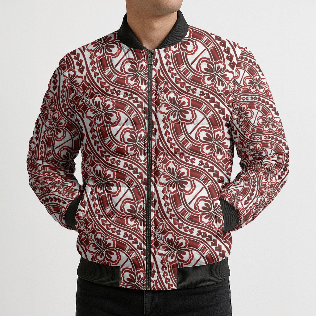 Hibiscus Bloom Island Tribal Waves Bomber Puffer Jacket Red Polynesian Pattern
