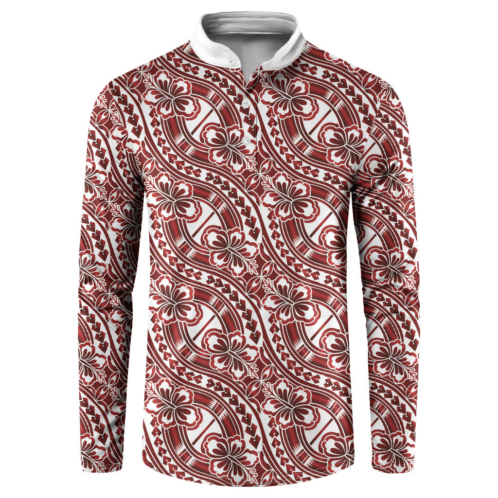 Hibiscus Bloom Island Tribal Waves Button Sweatshirt Red Polynesian Pattern
