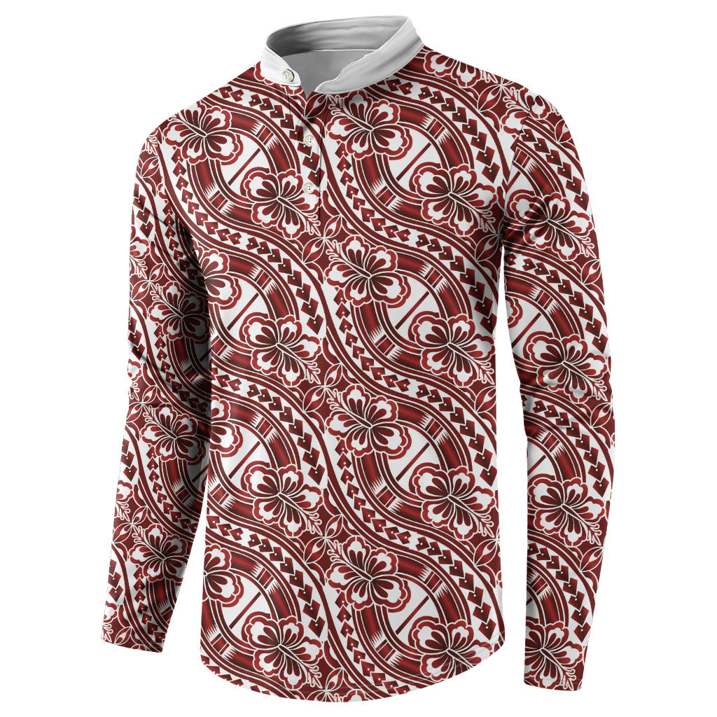 Hibiscus Bloom Island Tribal Waves Button Sweatshirt Red Polynesian Pattern