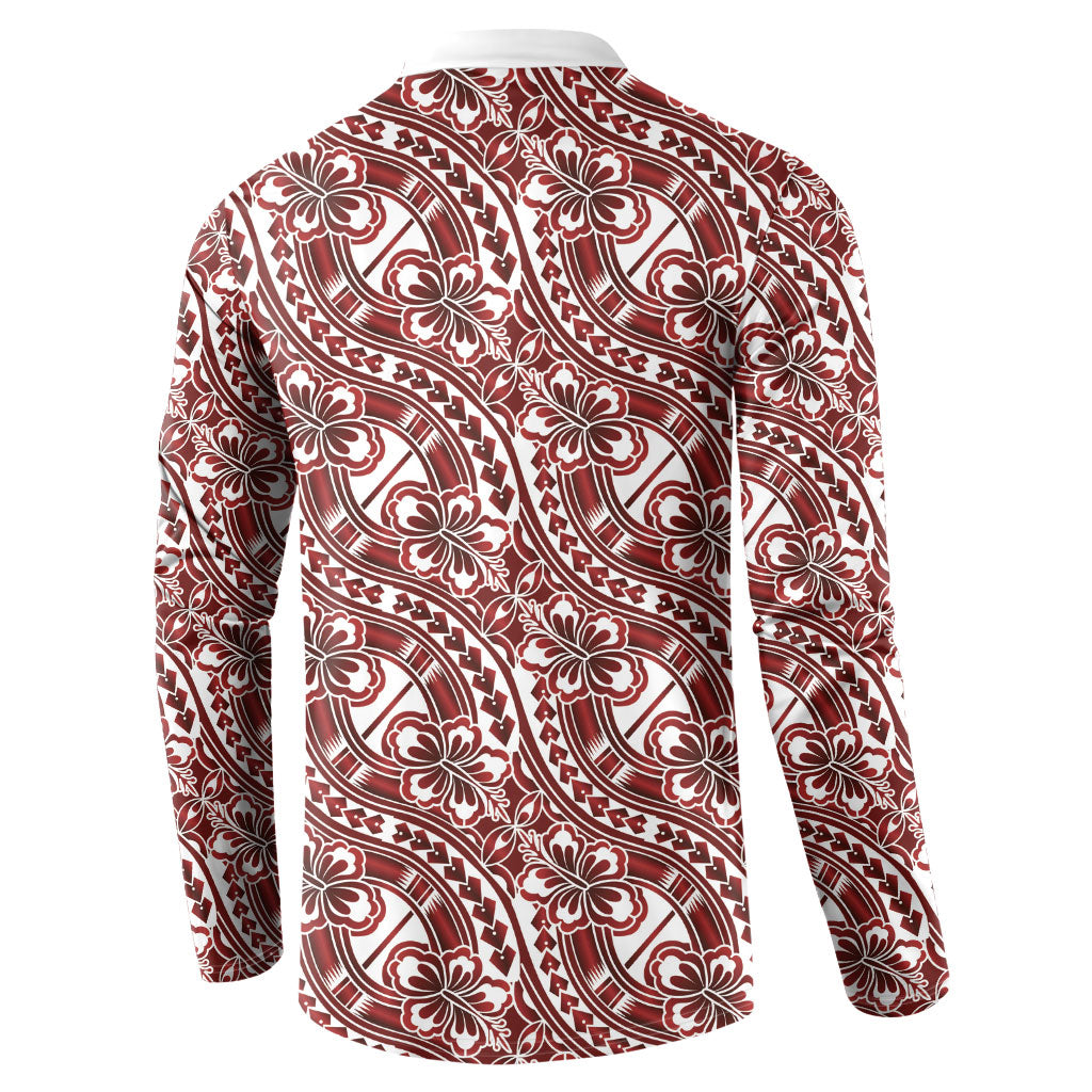 Hibiscus Bloom Island Tribal Waves Button Sweatshirt Red Polynesian Pattern