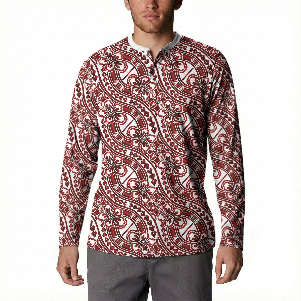 Hibiscus Bloom Island Tribal Waves Button Sweatshirt Red Polynesian Pattern