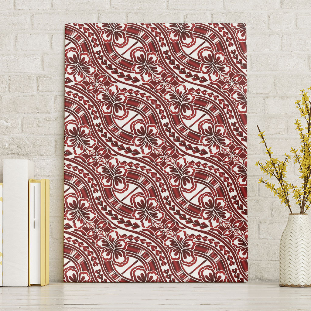 Hibiscus Bloom Island Tribal Waves Canvas Wall Art Red Polynesian Pattern