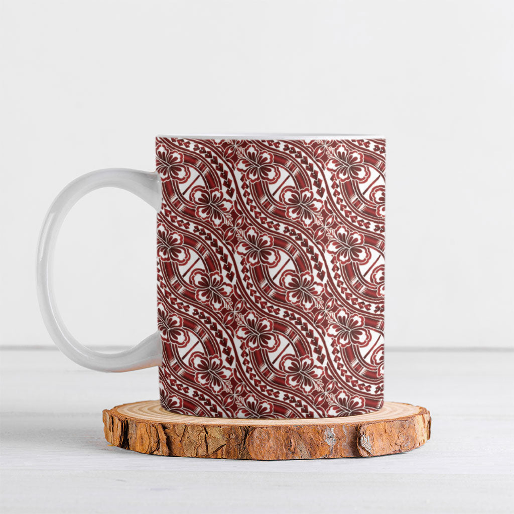 Hibiscus Bloom Island Tribal Waves Ceramic Mug Red Polynesian Pattern