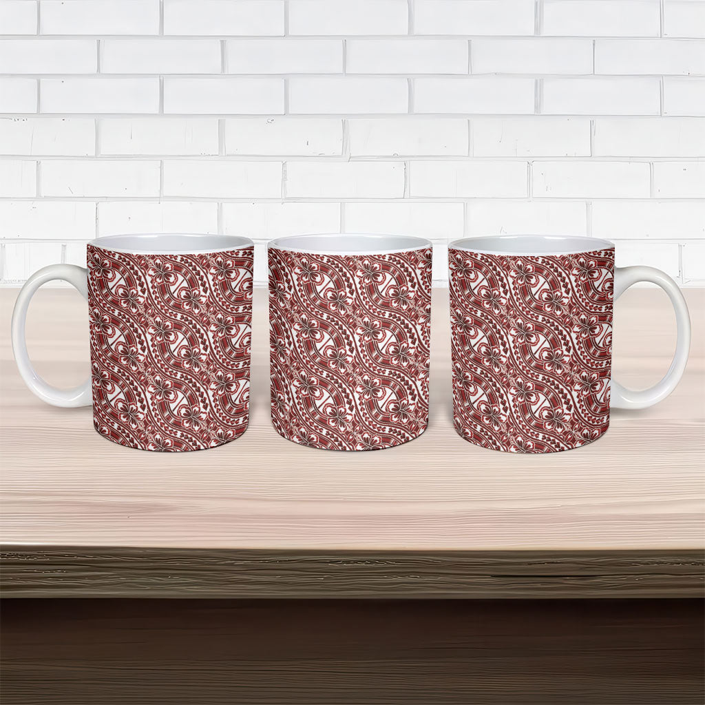 Hibiscus Bloom Island Tribal Waves Ceramic Mug Red Polynesian Pattern