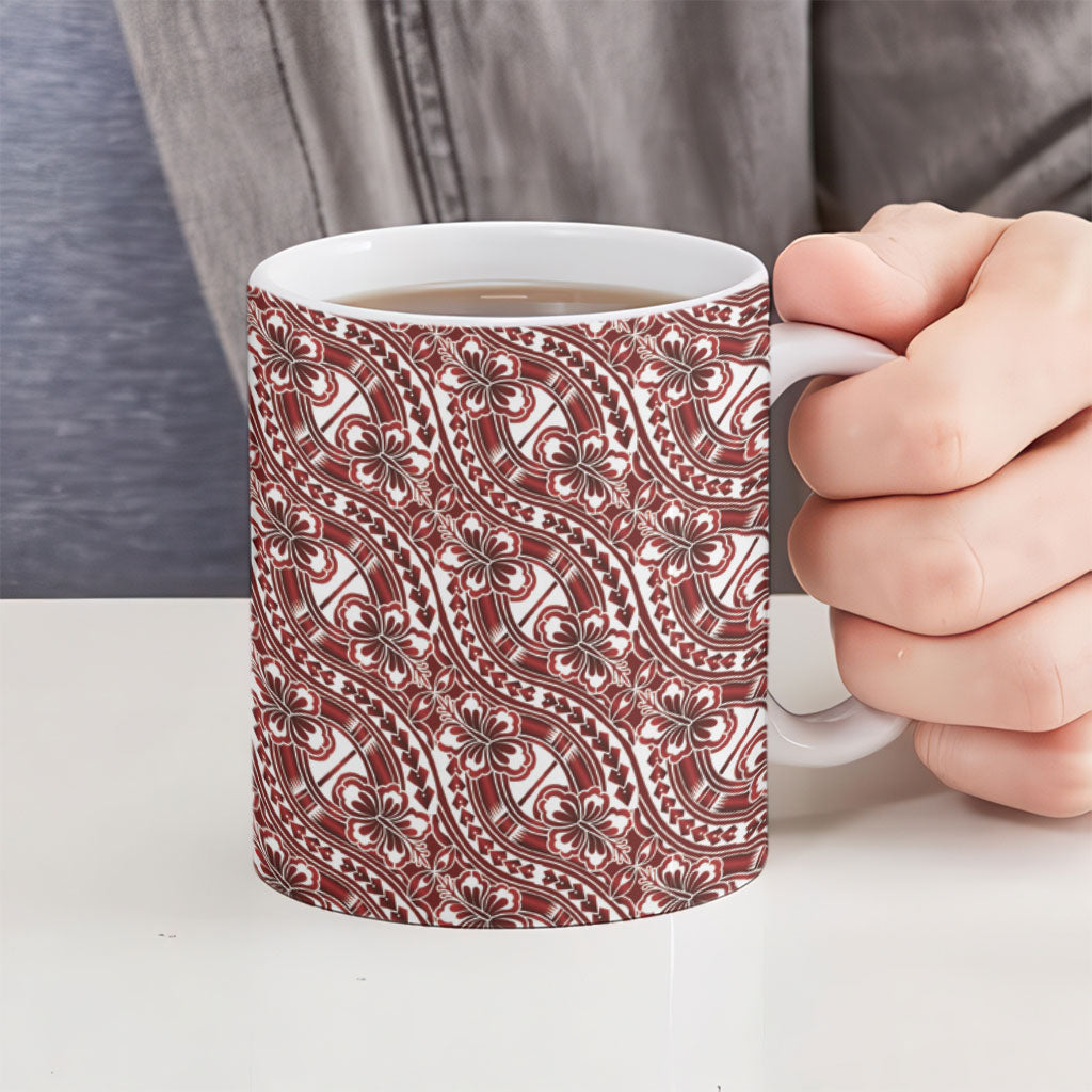 Hibiscus Bloom Island Tribal Waves Ceramic Mug Red Polynesian Pattern