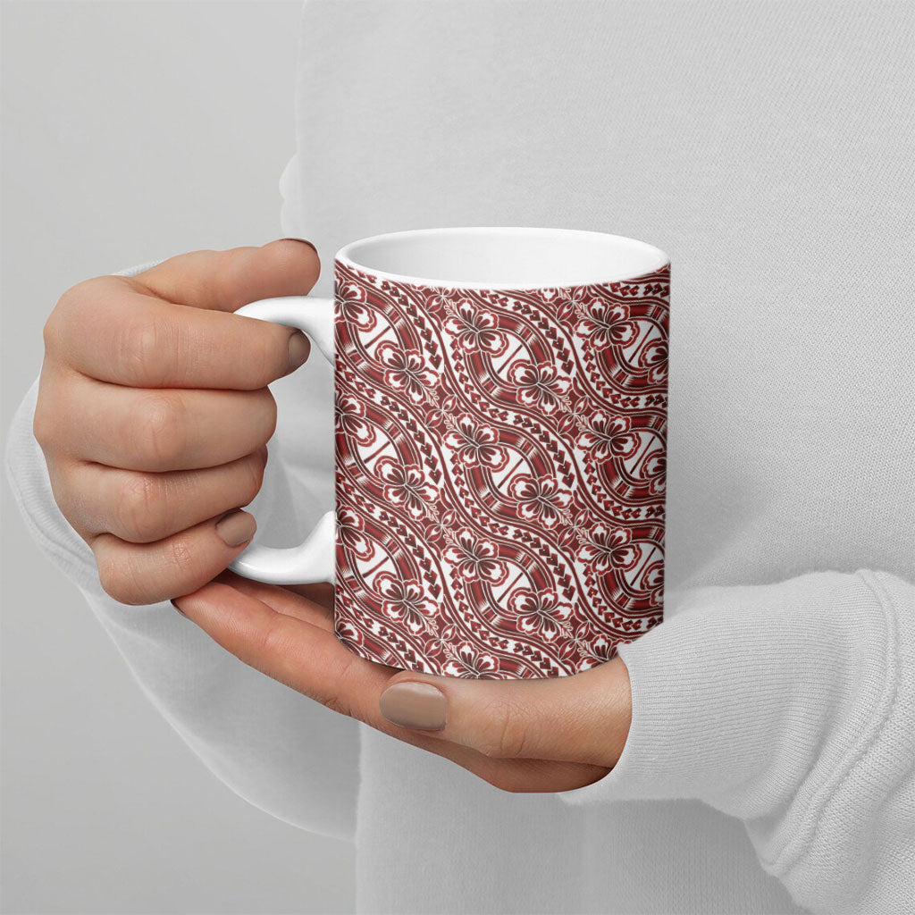 Hibiscus Bloom Island Tribal Waves Ceramic Mug Red Polynesian Pattern