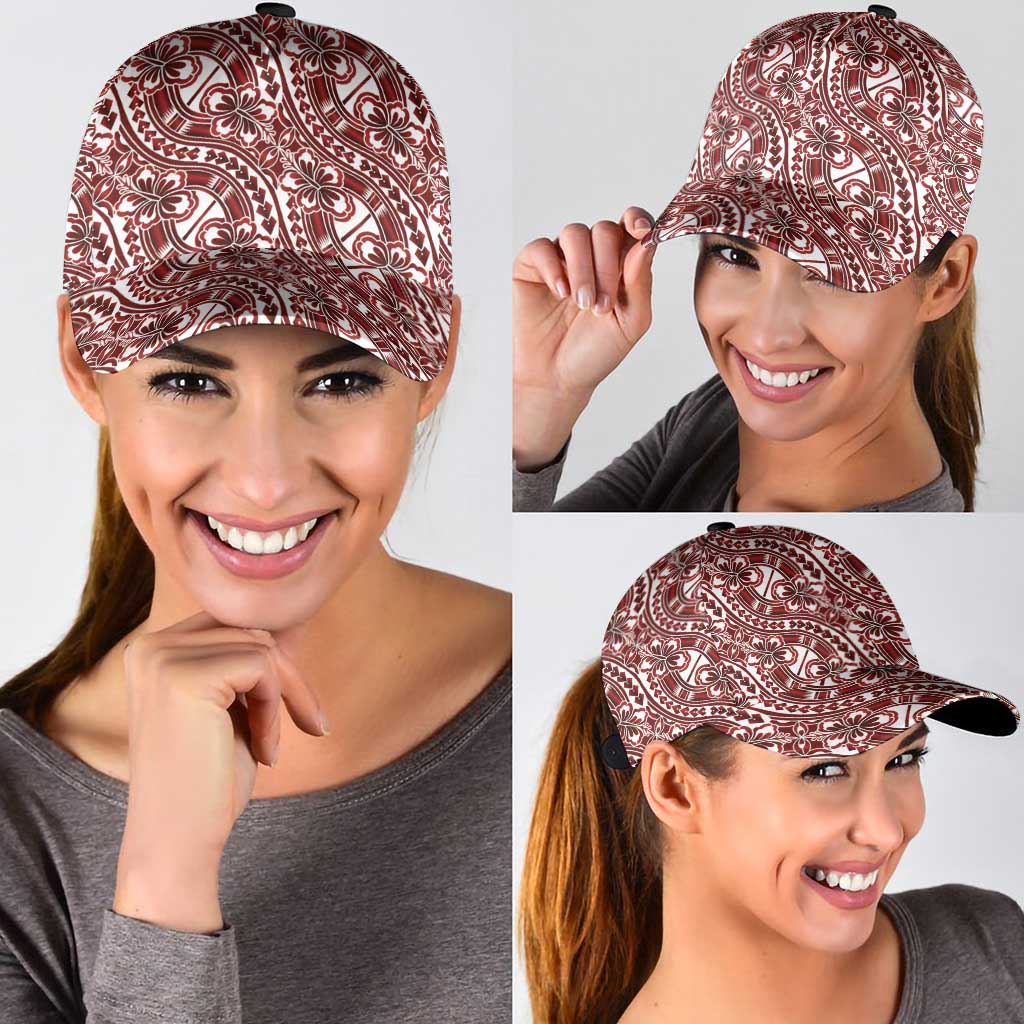 Hibiscus Bloom Island Tribal Waves Classic Cap Red Polynesian Pattern