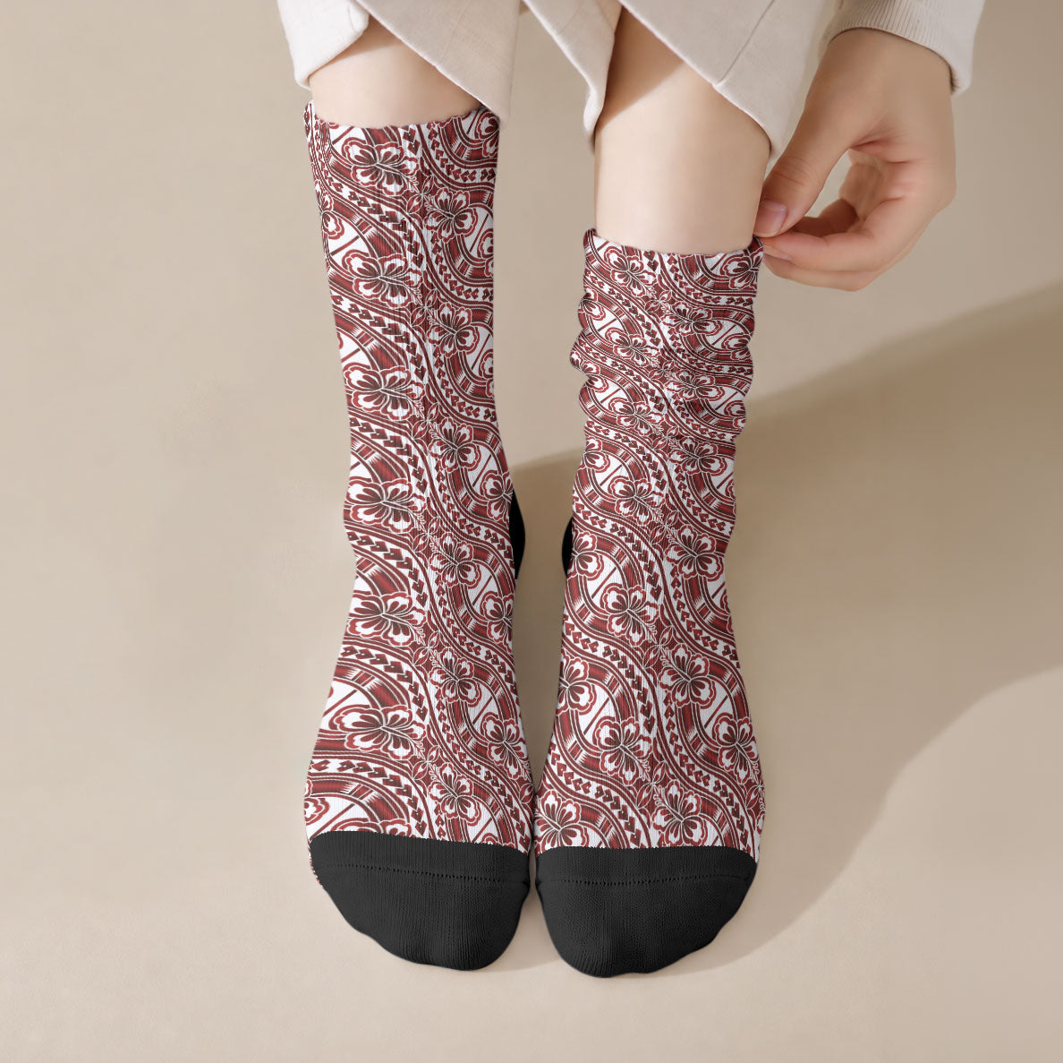 Hibiscus Bloom Island Tribal Waves Crew Socks Red Polynesian Pattern
