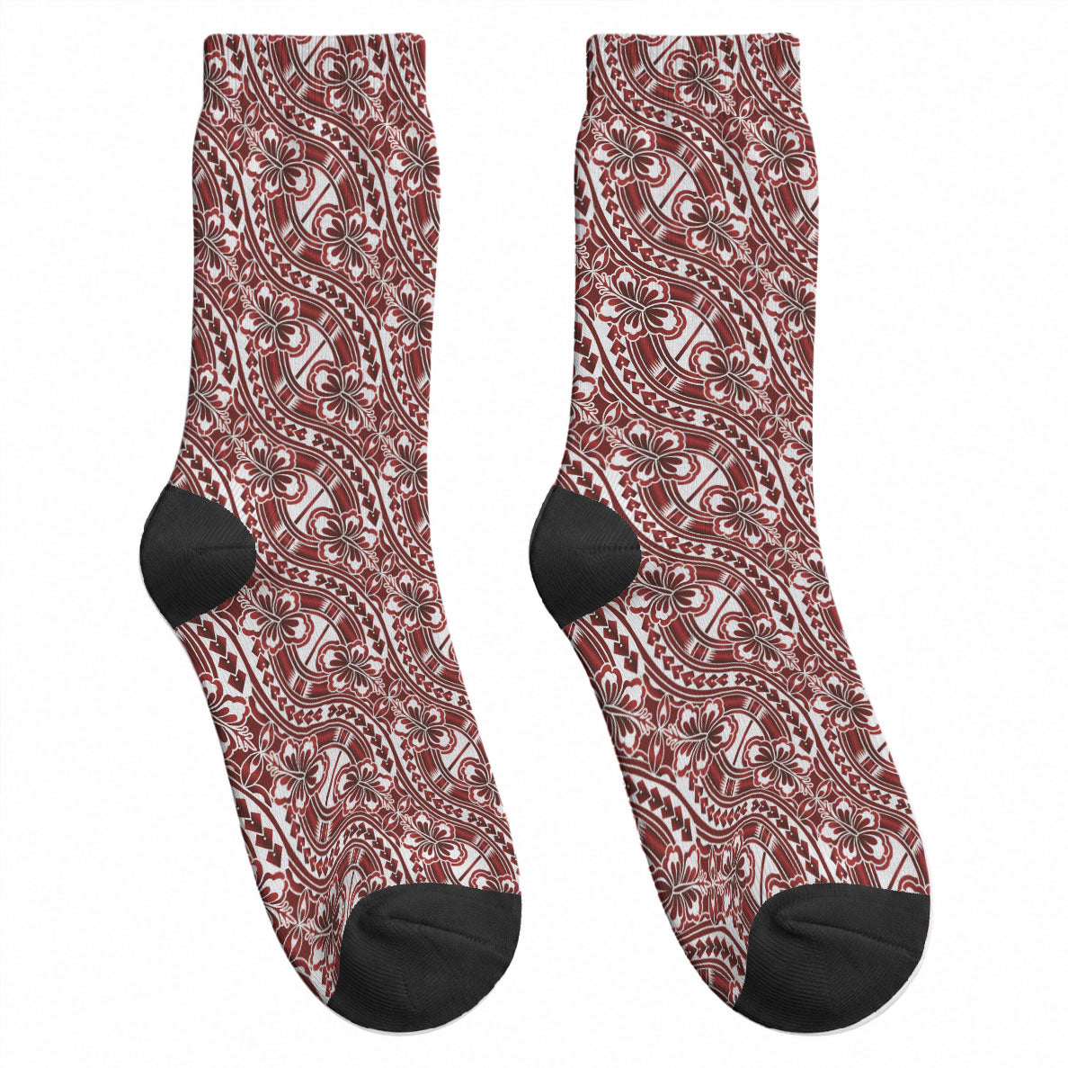 Hibiscus Bloom Island Tribal Waves Crew Socks Red Polynesian Pattern