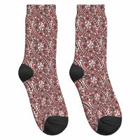 Hibiscus Bloom Island Tribal Waves Crew Socks Red Polynesian Pattern