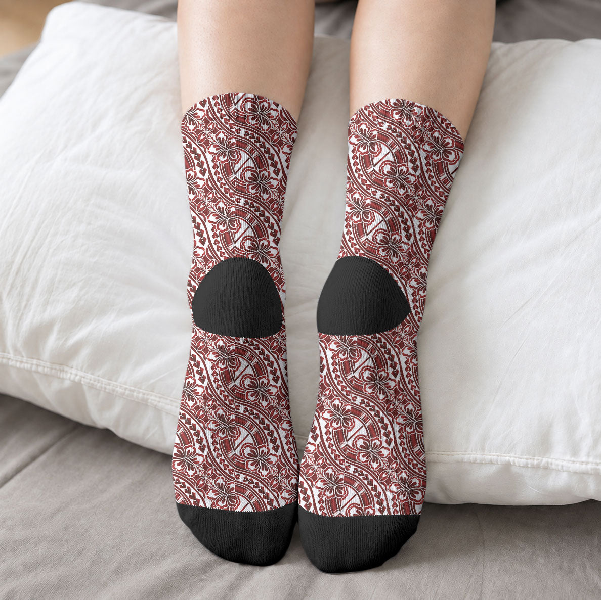 Hibiscus Bloom Island Tribal Waves Crew Socks Red Polynesian Pattern