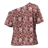Hibiscus Bloom Island Tribal Waves Cross Shoulder Shirt Red Polynesian Pattern
