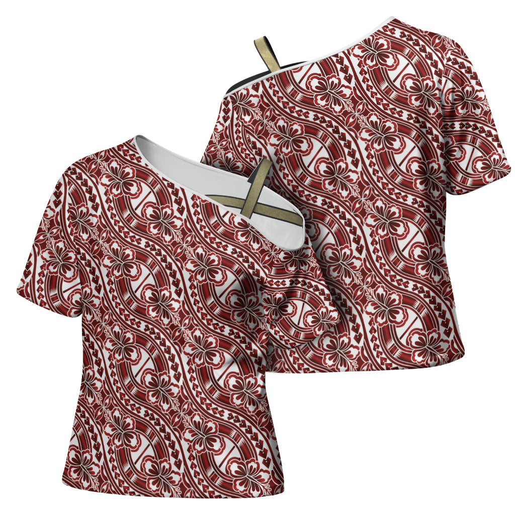 Hibiscus Bloom Island Tribal Waves Cross Shoulder Shirt Red Polynesian Pattern