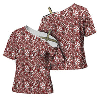 Hibiscus Bloom Island Tribal Waves Cross Shoulder Shirt Red Polynesian Pattern