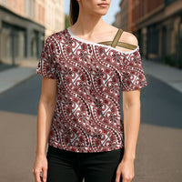 Hibiscus Bloom Island Tribal Waves Cross Shoulder Shirt Red Polynesian Pattern