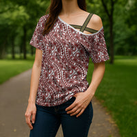 Hibiscus Bloom Island Tribal Waves Cross Shoulder Shirt Red Polynesian Pattern