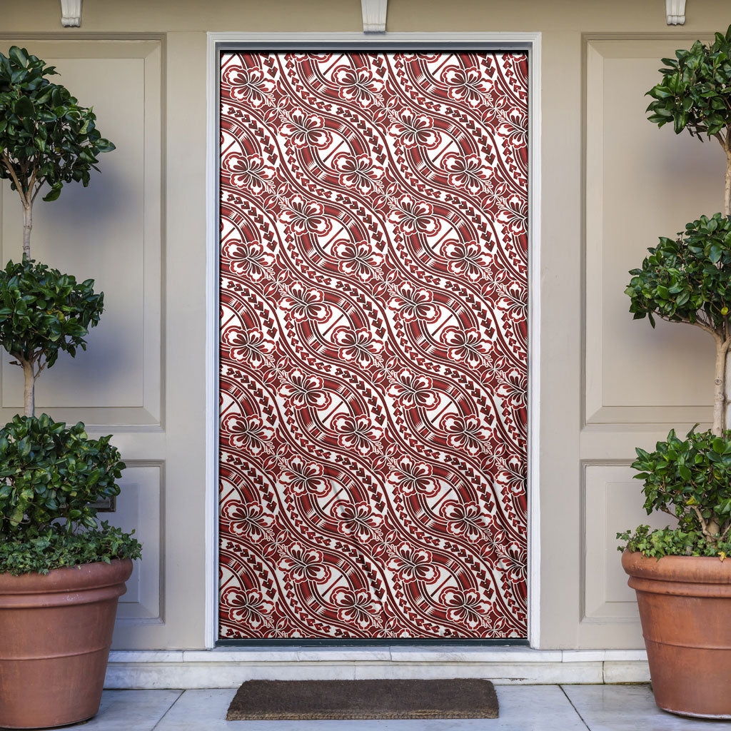 Hibiscus Bloom Island Tribal Waves Door Cover Red Polynesian Pattern