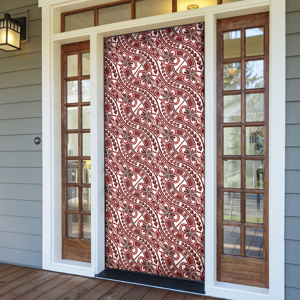 Hibiscus Bloom Island Tribal Waves Door Cover Red Polynesian Pattern