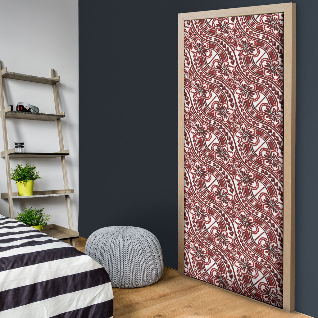 Hibiscus Bloom Island Tribal Waves Door Cover Red Polynesian Pattern