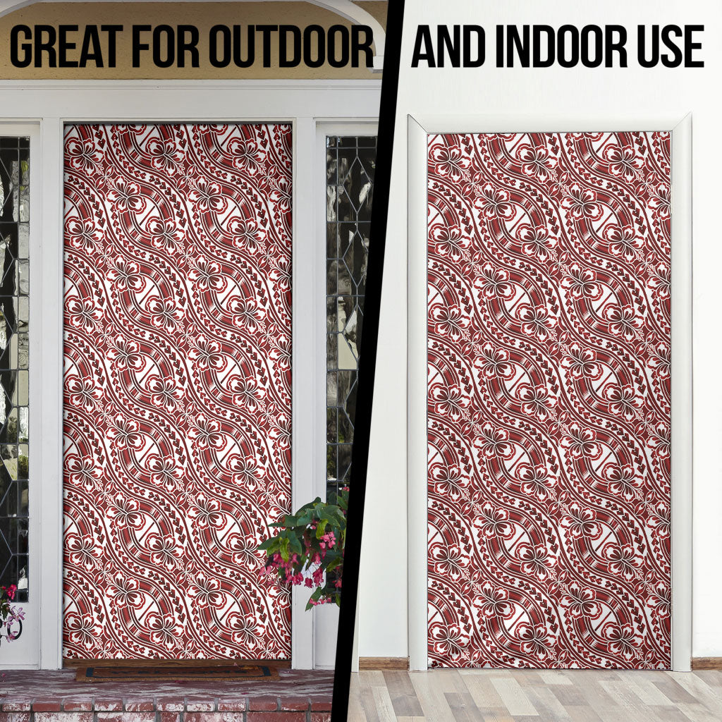 Hibiscus Bloom Island Tribal Waves Door Cover Red Polynesian Pattern