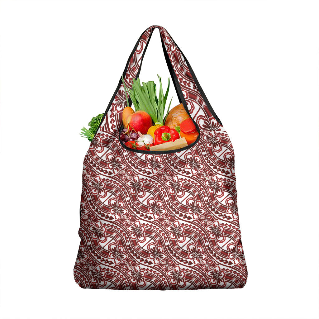 Hibiscus Bloom Island Tribal Waves Grocery Bag Red Polynesian Pattern