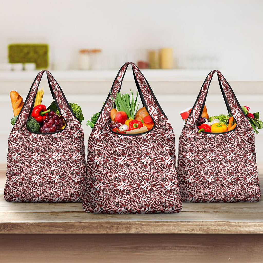 Hibiscus Bloom Island Tribal Waves Grocery Bag Red Polynesian Pattern