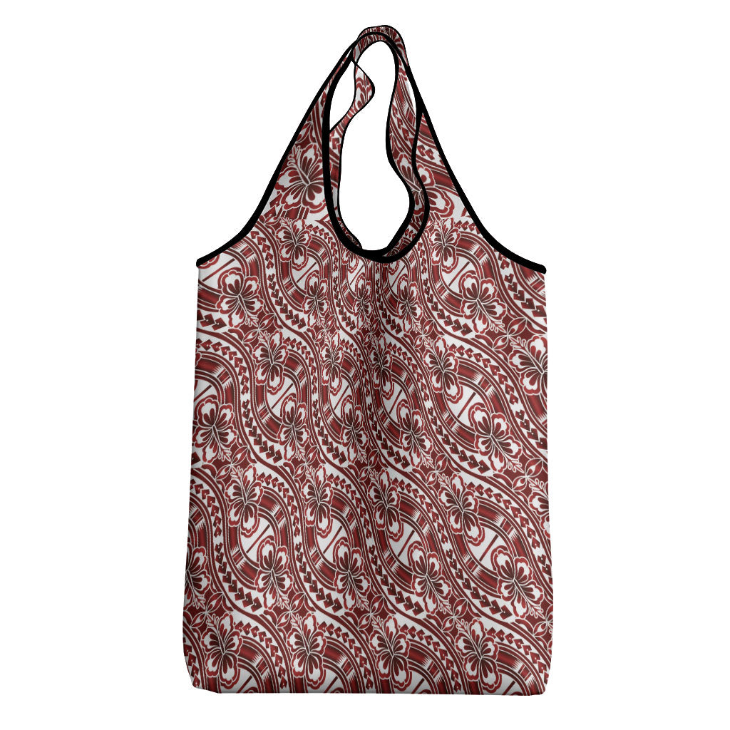 Hibiscus Bloom Island Tribal Waves Grocery Bag Red Polynesian Pattern