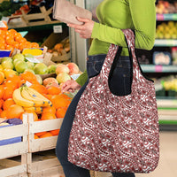 Hibiscus Bloom Island Tribal Waves Grocery Bag Red Polynesian Pattern