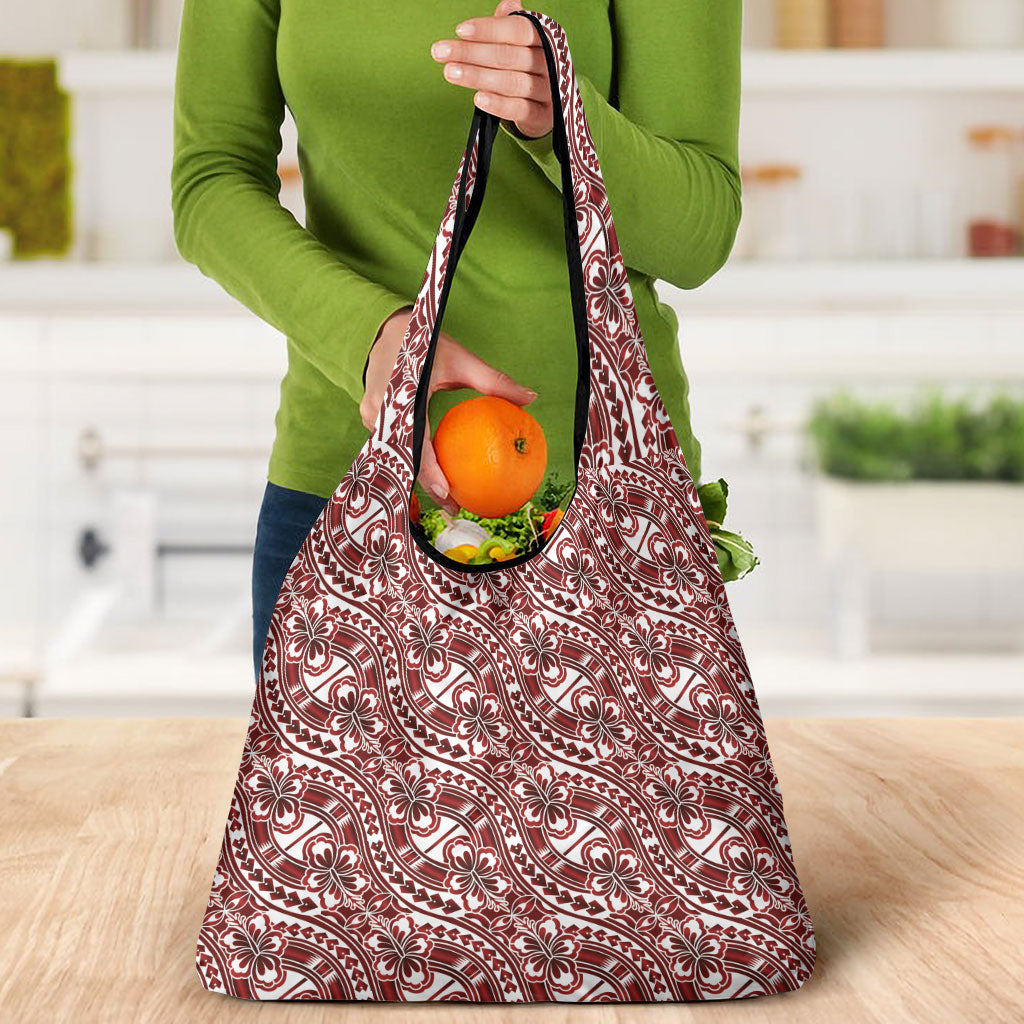 Hibiscus Bloom Island Tribal Waves Grocery Bag Red Polynesian Pattern