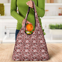 Hibiscus Bloom Island Tribal Waves Grocery Bag Red Polynesian Pattern