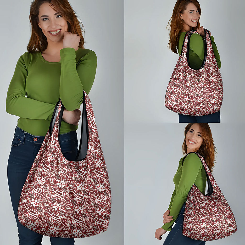 Hibiscus Bloom Island Tribal Waves Grocery Bag Red Polynesian Pattern