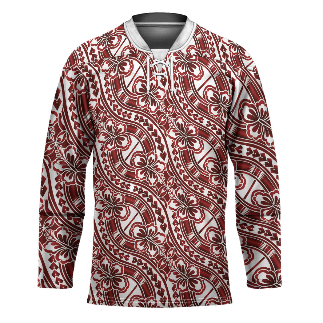 Hibiscus Bloom Island Tribal Waves Hockey Jersey Red Polynesian Pattern