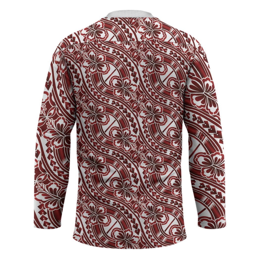 Hibiscus Bloom Island Tribal Waves Hockey Jersey Red Polynesian Pattern