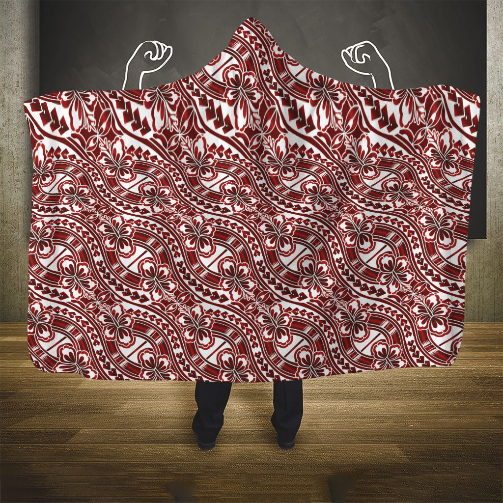 Hibiscus Bloom Island Tribal Waves Hooded Blanket Red Polynesian Pattern