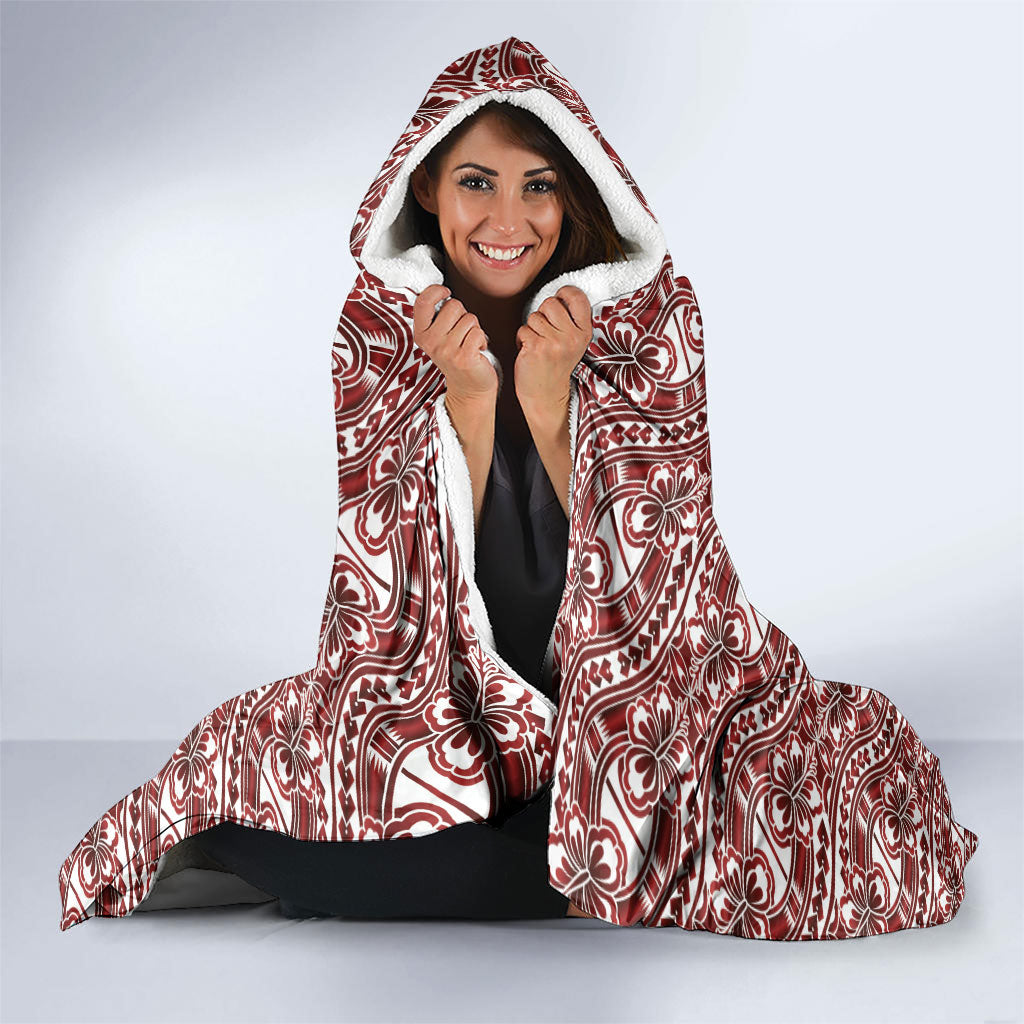 Hibiscus Bloom Island Tribal Waves Hooded Blanket Red Polynesian Pattern