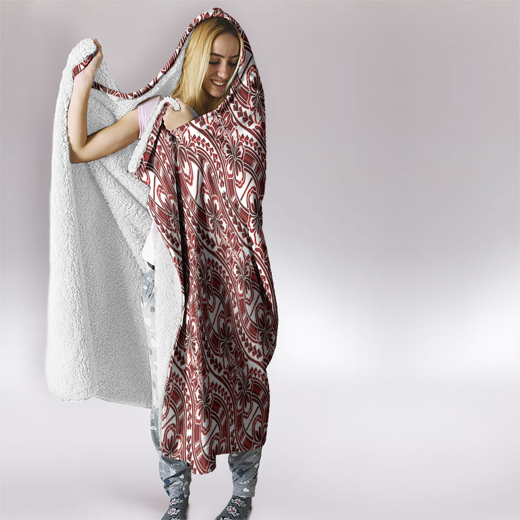 Hibiscus Bloom Island Tribal Waves Hooded Blanket Red Polynesian Pattern