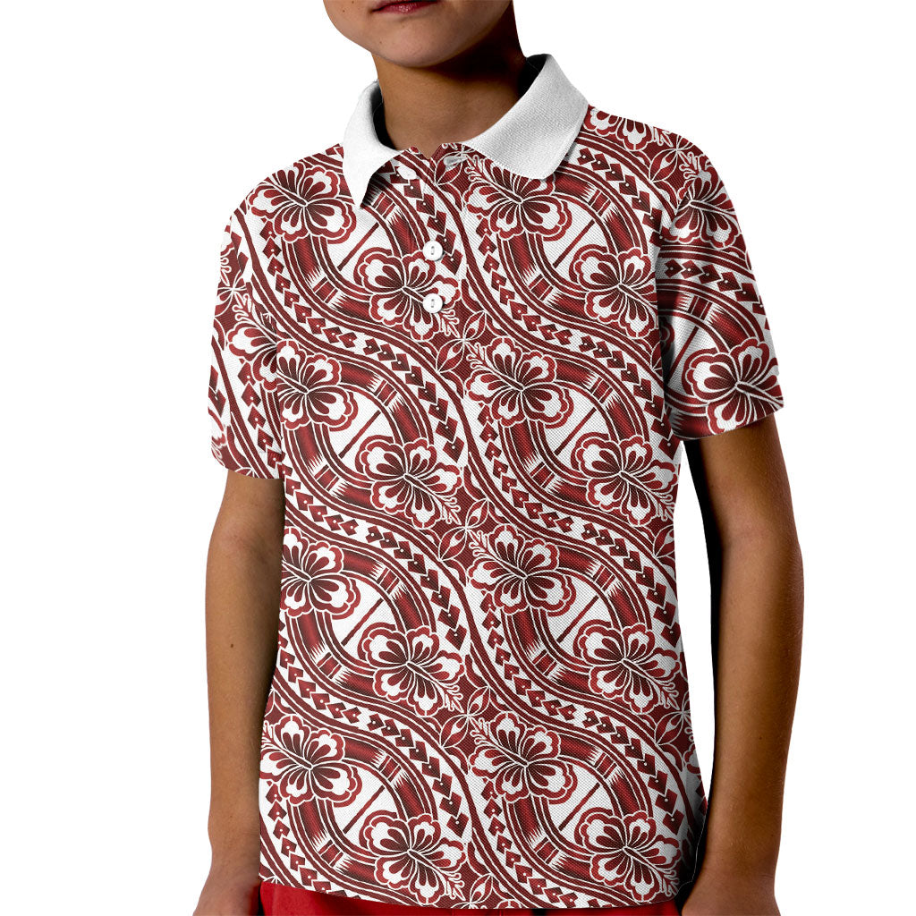 Hibiscus Bloom Island Tribal Waves Kid Polo Shirt Red Polynesian Pattern