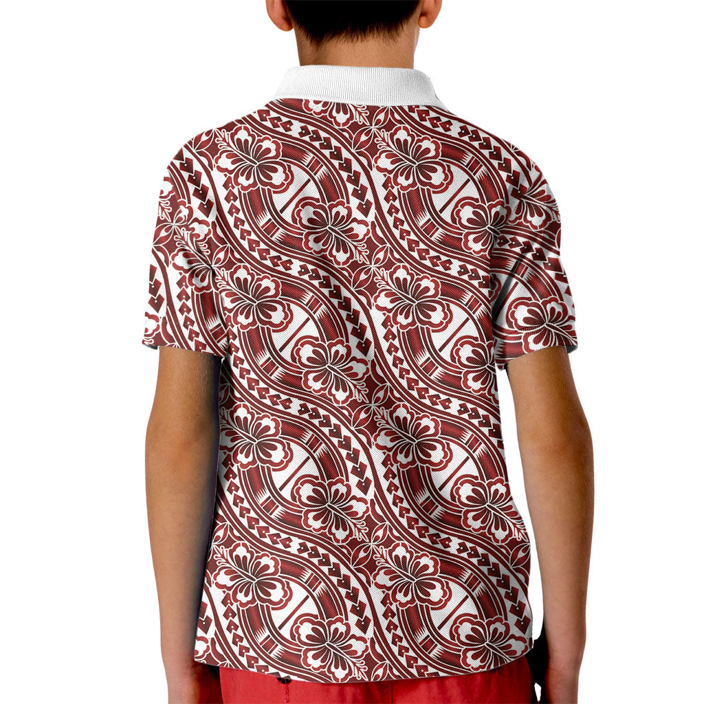 Hibiscus Bloom Island Tribal Waves Kid Polo Shirt Red Polynesian Pattern