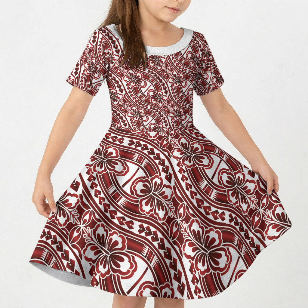 Hibiscus Bloom Island Tribal Waves Kid Short Sleeve Dress Red Polynesian Pattern LT01 KID Red - Polynesian Pride