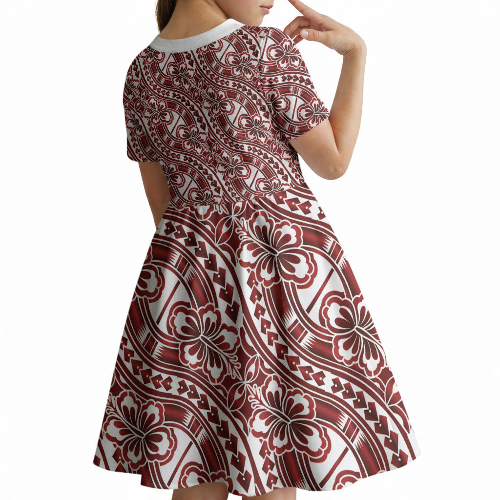 Hibiscus Bloom Island Tribal Waves Kid Short Sleeve Dress Red Polynesian Pattern LT01 - Polynesian Pride
