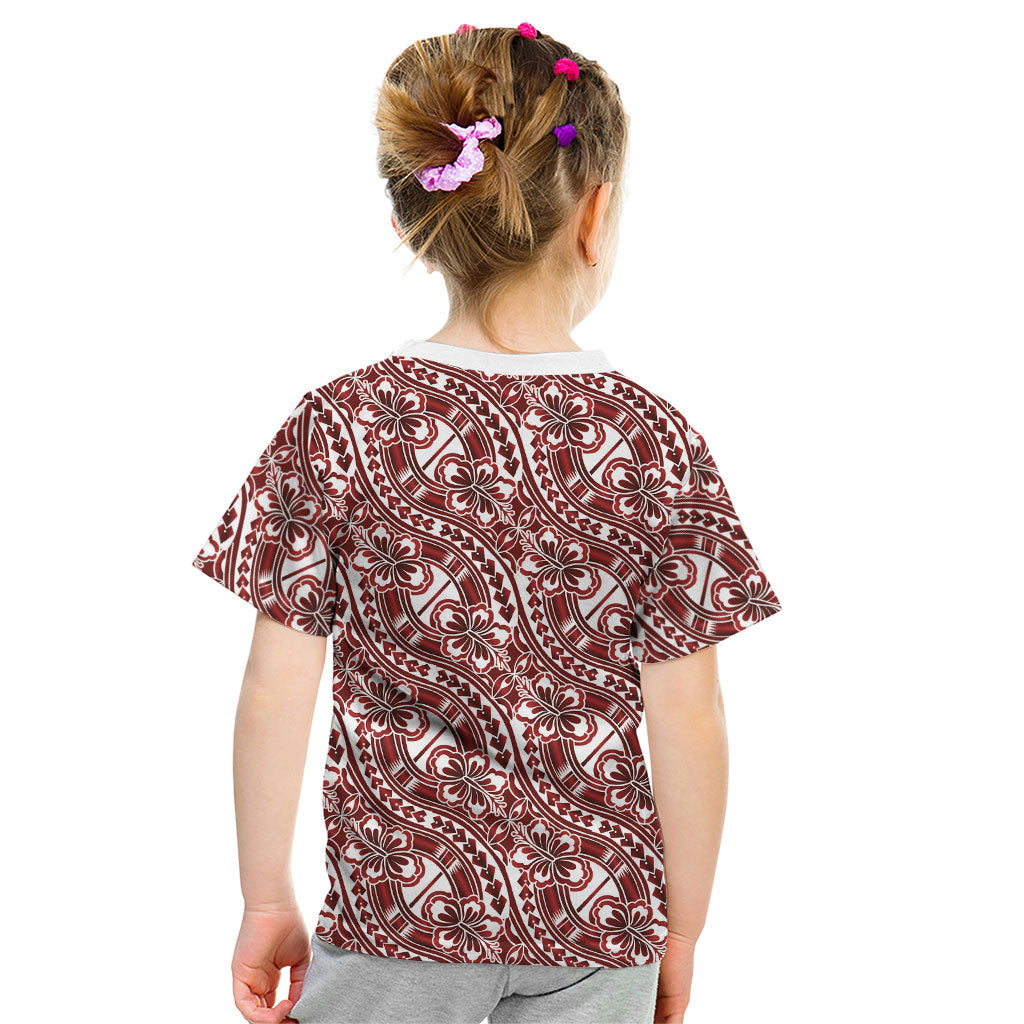 Hibiscus Bloom Island Tribal Waves Kid T Shirt Red Polynesian Pattern