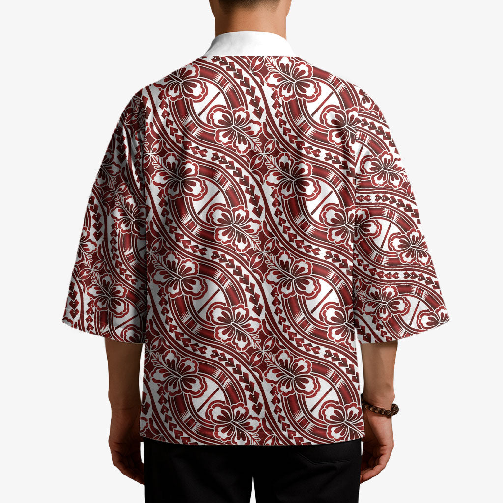 Hibiscus Bloom Island Tribal Waves Kimono Red Polynesian Pattern