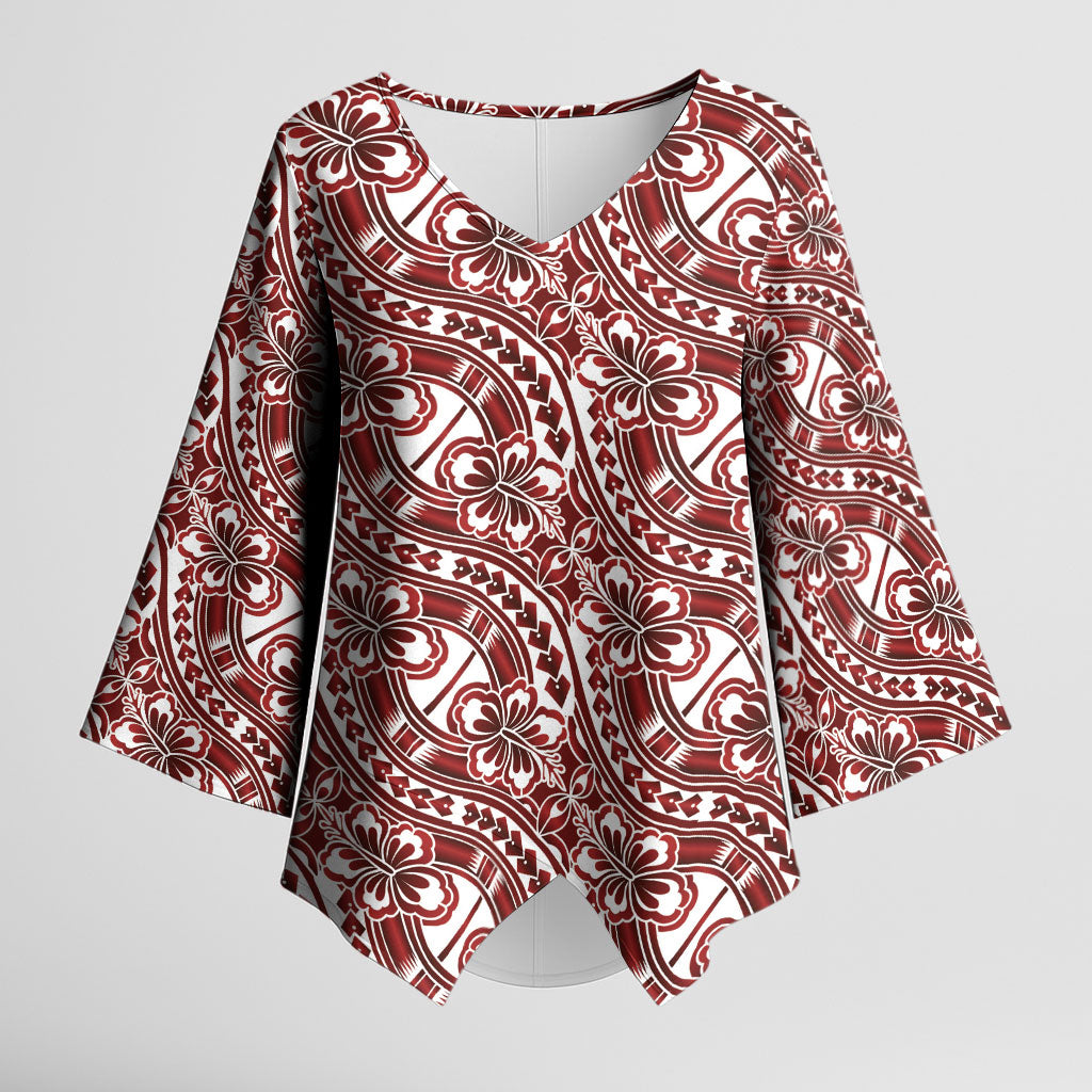 Hibiscus Bloom Island Tribal Waves Kimono Sleeve Blouse Red Polynesian Pattern