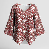 Hibiscus Bloom Island Tribal Waves Kimono Sleeve Blouse Red Polynesian Pattern