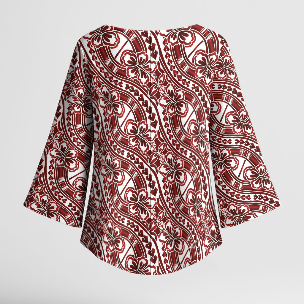 Hibiscus Bloom Island Tribal Waves Kimono Sleeve Blouse Red Polynesian Pattern