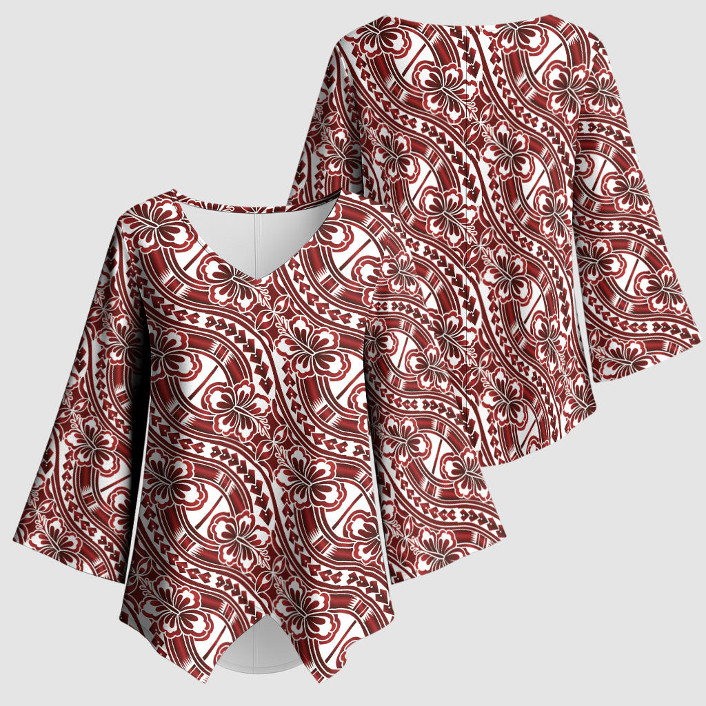 Hibiscus Bloom Island Tribal Waves Kimono Sleeve Blouse Red Polynesian Pattern