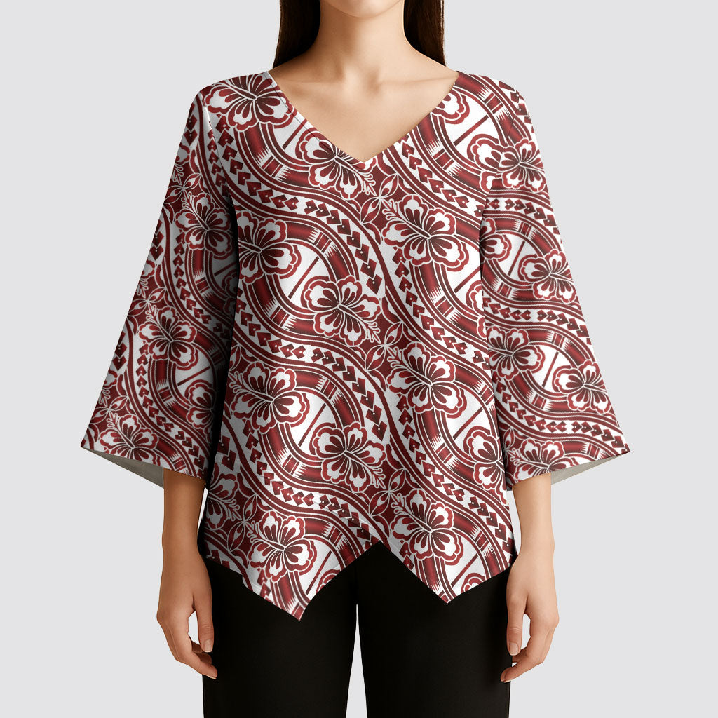 Hibiscus Bloom Island Tribal Waves Kimono Sleeve Blouse Red Polynesian Pattern